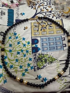 Black Beaded Necklace with Gold Accent Beads